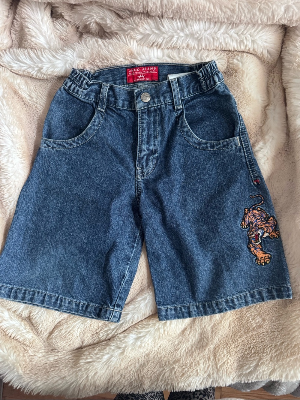 Kids JNCO Dark Blue Denim Shorts with Embroidered Tiger